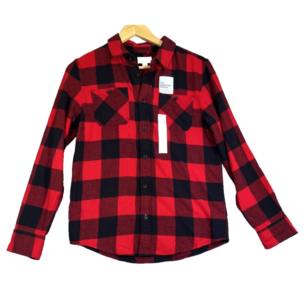Sonoma Flannel Shirt Youth Boy Large Red Black Supersoft Plaid Shirt Pockets NEW